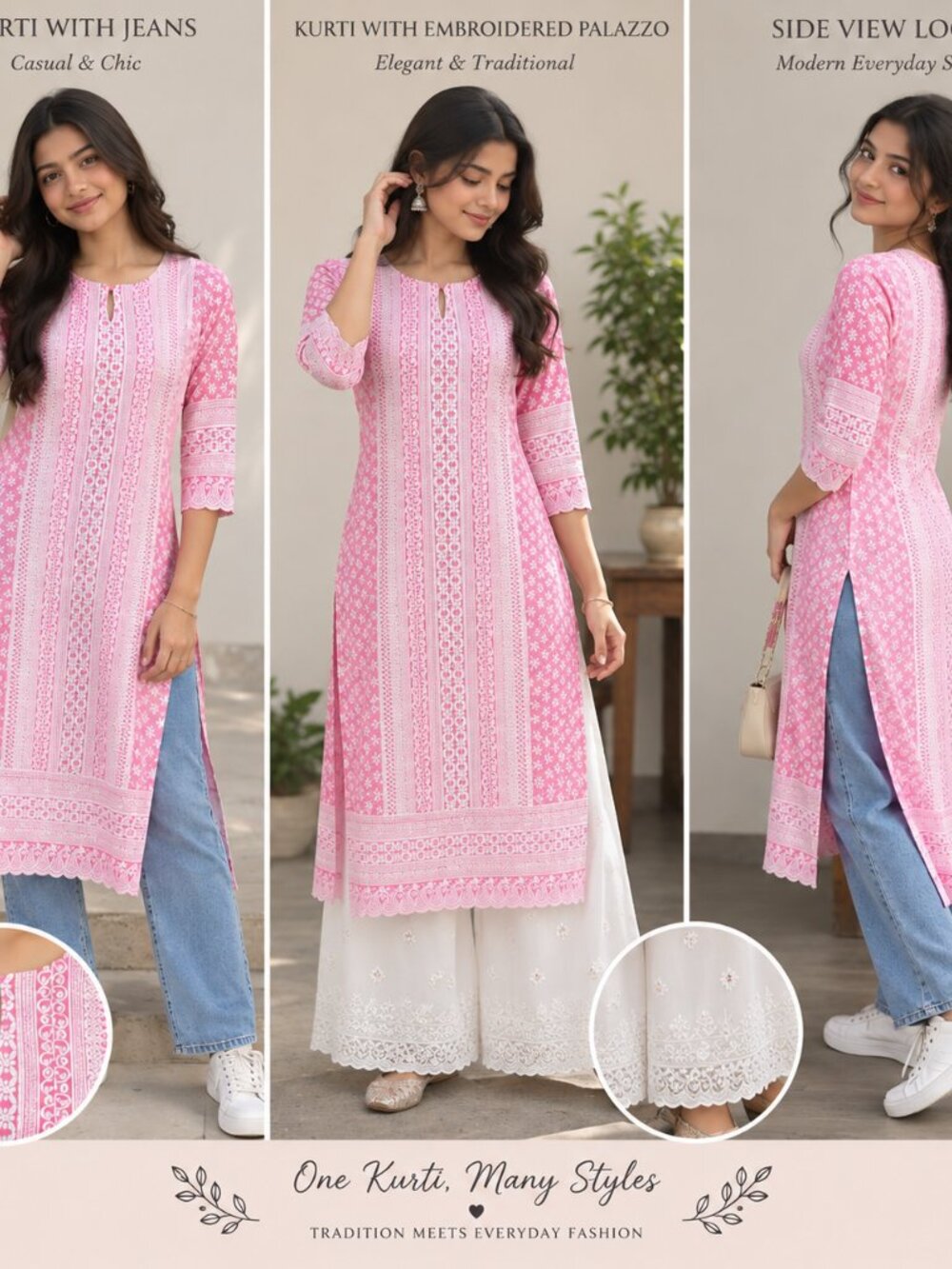 Pink & White Chikankari Embroidered Long Kurti Dress